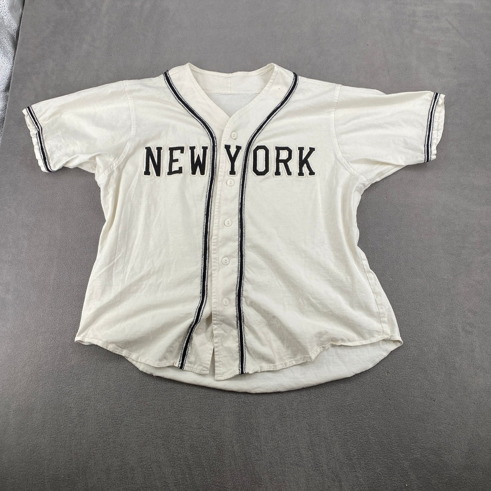 Vintage Style New York Baseball Jersey Cream Button Up Short Sleeve Shirt XL